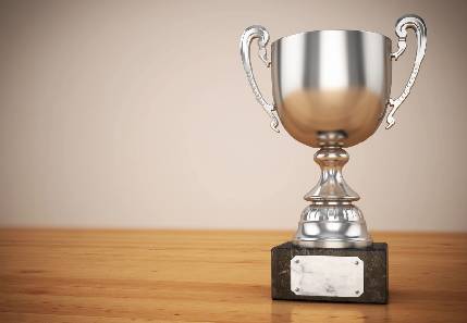 A silver trophy sitting on top of a wooden table.